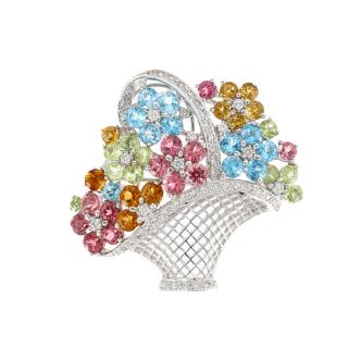 Gemstone & Diamond Flower Basket Brooch