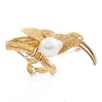 Bird Design Pearl & Diamond Brooch
