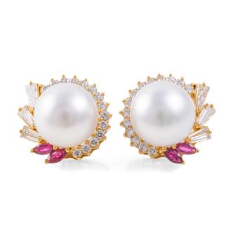 11.6mm Pearl, Ruby & Diamond Earrings