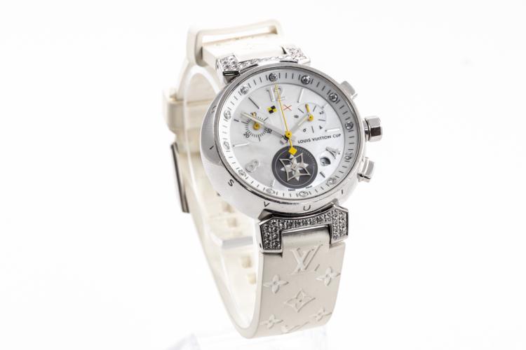 Louis Vuitton Stainless Steel and Diamond Tambour Lovely Cup Chronograph Quartz Watch